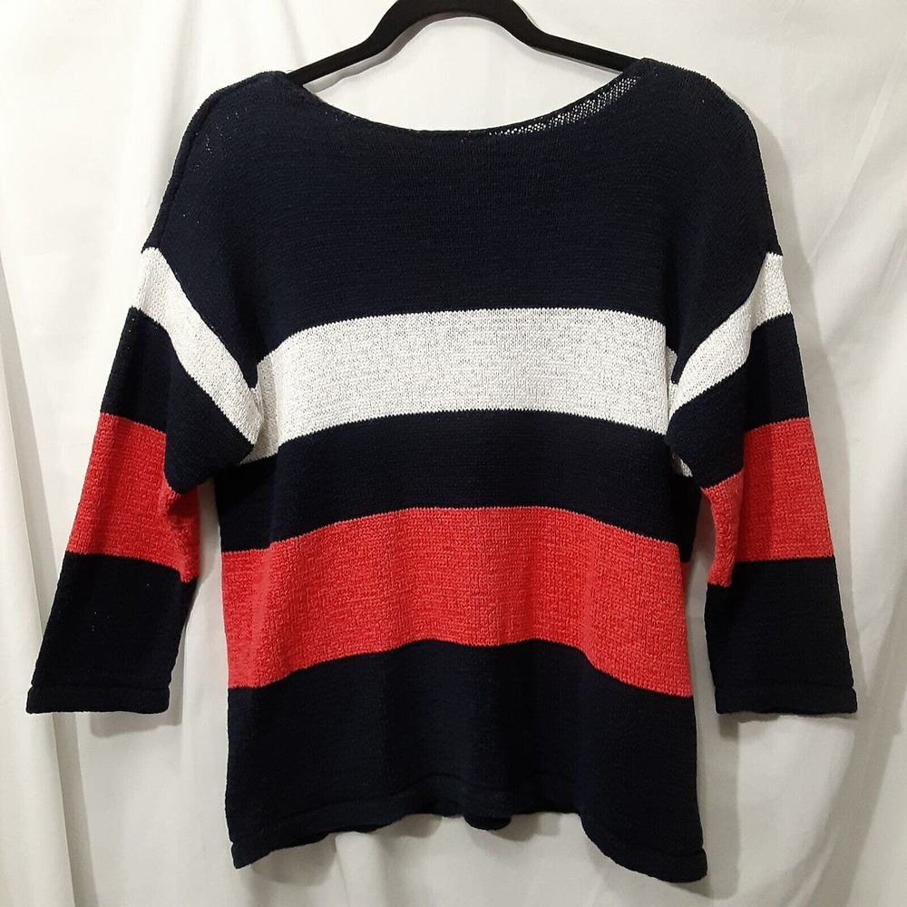 Chaps Lightweight Knit Red White Blue Striped 3/4 Sleeve Sweater Women's Size XL